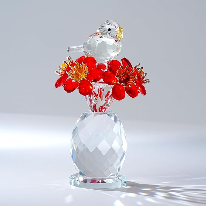 Crystal Bird & Forget-Me-Not Flower Figurine,3x4 inch Glass Flower Collectible Ornaments for Home Decor Table Centerpiece Glass Bouquet Flowers Keepsake Gifts for Women （Red）