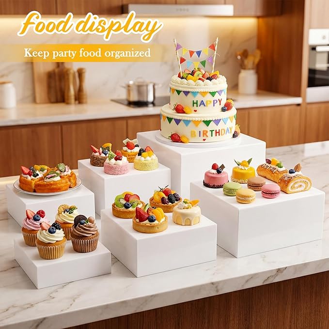 Geelin 6 Pack Acrylic Risers for Display Acrylic Cube Boxes Risers Display Stands with Hollow Bottoms Decorative Stand for Jewelry Candy Table Decor 6 Sizes(White,7 to 12 Inch,Square)