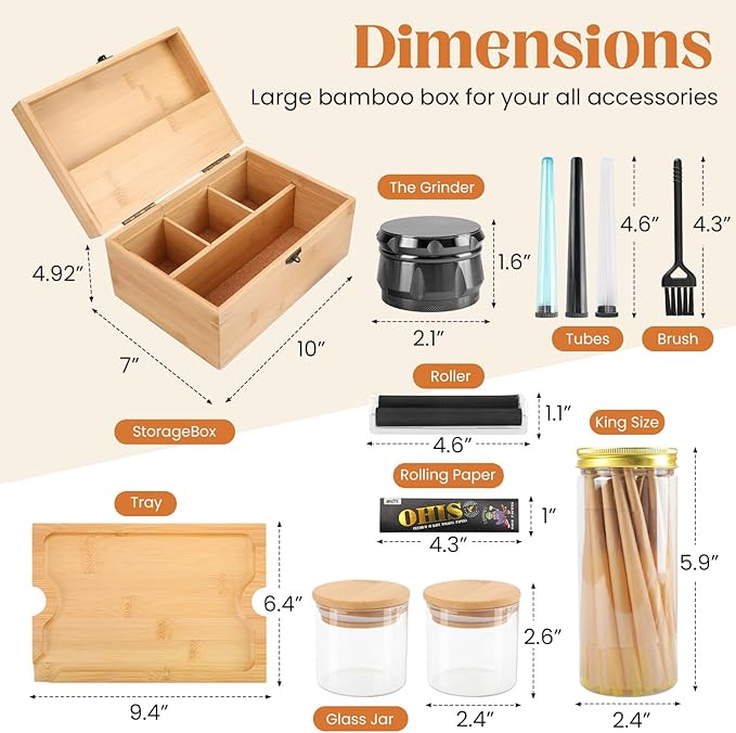 Large Bamboo Storage Box with Removable Tray Kit - Decorative Box Set, Glass Jars, and Accessories Wooden Storage Kit and Accessories Tool.Birthday Gifts