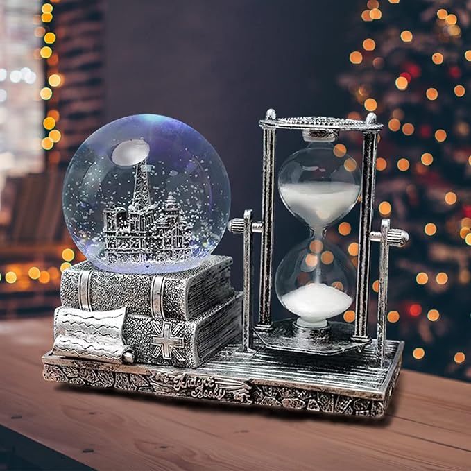 LED MusicCrystal Snow Globe， Sand Timer ，Hourglass,Home Decor,Table Decor for Living Room ，Office Desk Decorations[ Silver Tower]