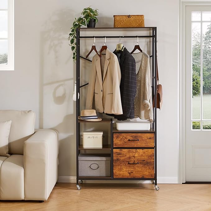 Clothes Rack, Heavy Duty Garment Rack for Hanging Clothes, Industrial Clothing Racks with Shelves, 2 Fabric Drawers, 4 Hooks, 1 Hanging Rods Rustic Brown YD-TM080H