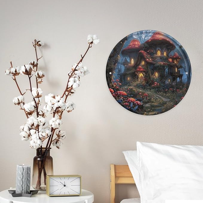Wall Picture, with Mushrooms and Flowers Printed Circular Iron Hanging Picture,Wall Art Decor,Home for Bedroom Living Room Bathroom Decor,Iron Painting 11.8X11.8 in