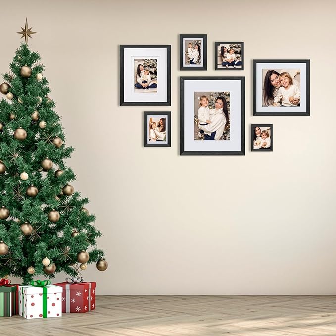 Egofine 11x14 Picture Frames Set of 4, Made of Solid Wood Covered by Plexiglass 5x7 and 8x10 with Mat or 11x14 without Mat, for Table Top Display and Wall Mounting Photo Frame Rustic Black