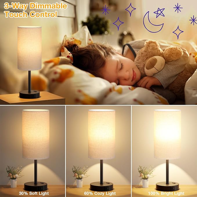 Dicoool Tall Touch Bedside Table Lamp with USB - 3 Way Dimmable Black Lamps for Bedroom Nightstand, Desk Lamp with Black Charging Station for Dorm, Office, Kids Room