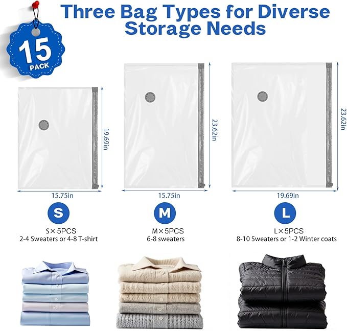 Vacuum Seal Bags For Clothing Travel With Wireless Electric Pump，15 Combo Space Saver Vacuum Storage Bags In 3 Combo Sizes，Compression Travel Packing For Luggage,Ideal For Air Planes, Apartments