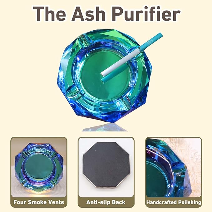 Coomin Crystal Glass Ashtray, Sparkly Cigar Cigarettes Ash Tray, Ashtrays for Smokers Indoor Office Home Desktop Tabletop, Unique Luxury Gifts for Men Women, Green