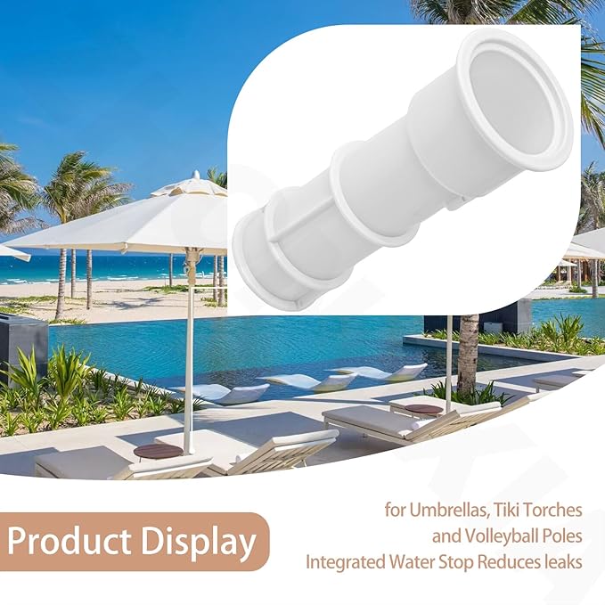US105 Umbrella Stand with Sleeve and Center Cap, 7 1/2" Stand with Sleeve, for Umbrellas, Volleyball Poles and Tiki Torches, 1 1/2" - 1 3/4" Hole Can be Installed on Floor, Step or Deck - White