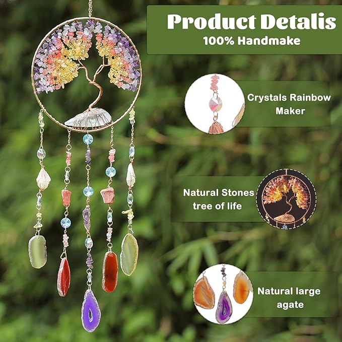 Agate Moon Dream Catchers with Crystal Color Gemstone Dream Catchers Natural Tree of Life Gem Agate Wall Hangings Room Garden Dreamcatchers Decor (Color)
