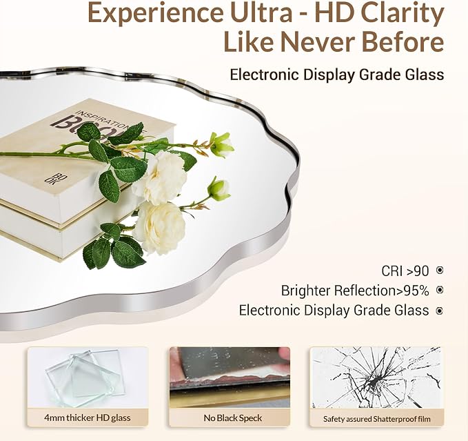 ANDY STAR Chrome Round Wall Mirror 36 inch, Polished Metal Frame Circle Bathroom Mirror in SUS304 Stainless Steel Frame, with Unique Modern Circular Wavy Design