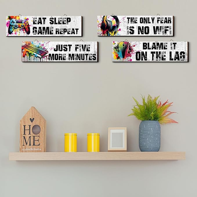 Hatzelou 4Pcs Game Room Hanging Decor Sign, Watercolor Game Wall Wooden Sign, Game Room Accessories Hanging Sign, Gamer Hanging Plaques for Teen Room Bedroom Playroom Decorations, black
