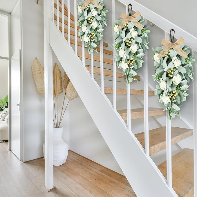 2 Pcs 24" Artificial White Rose Teardrop Wreaths Swag Spring Summer Flower Berries Swags Wreath White Floral Hanging Wreaths for Kitchen Cabinet Doors Window Wall Wedding Party Home Decor