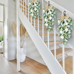 2 Pcs 24" Artificial White Rose Teardrop Wreaths Swag Spring Summer Flower Berries Swags Wreath White Floral Hanging Wreaths for Kitchen Cabinet Doors Window Wall Wedding Party Home Decor