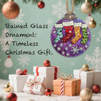 Stained Glass Christmas Decorations, Colorful Stockings Purple Suncatcher for Window Christmas Tree Hanging Ornaments Snowflake Sun Catcher Xmas Decor Gifts for Women Men Mom Nana Friend