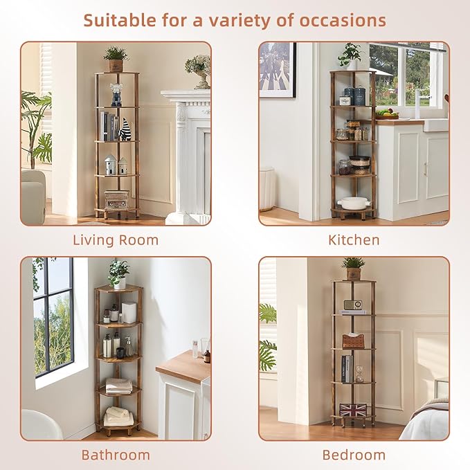 YUFAM 5-Tier Corner Shelf with Sturdy 5-Leg Base, Wooden Corner Bookshelf for Small Spaces, Corner Standing Shelf for Living Room, Bedroom, Office, Brown