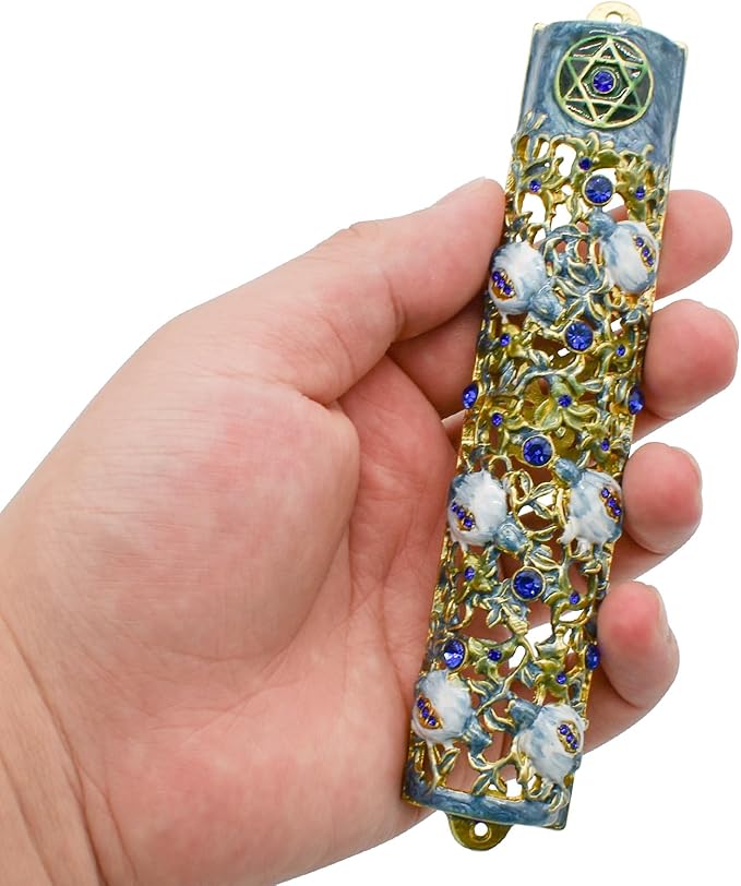 Mezuzah with Scroll for Door, Enamel&Zinc Alloy Blessing Mezuzah Case for Door, Colored Painted Mezuzha Scroll Kosher for Jewish Gifts/Jewish Decor, Christmas (White and Blue, 1.22x5.98 in)