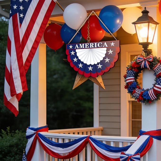4th of July Wreath Patriotic Decorations Patriotic Wreaths for Front Door Hanging Sign Wooden 4th of July Decorations for Front Door Decorations Memorial Day Fourth of July Porch Wall Home Decor