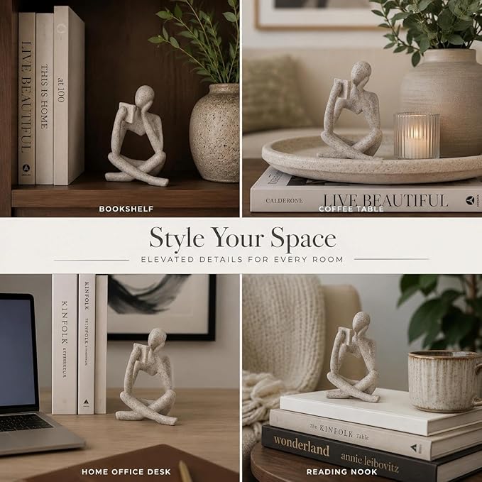 Bookshelf Decor Thinker Statue, Sand Abstract Reading Figurine Style B, Resin Decorative Bookend for Coffee Table, Shelf, Home Office, Library, Gift for Book Lovers