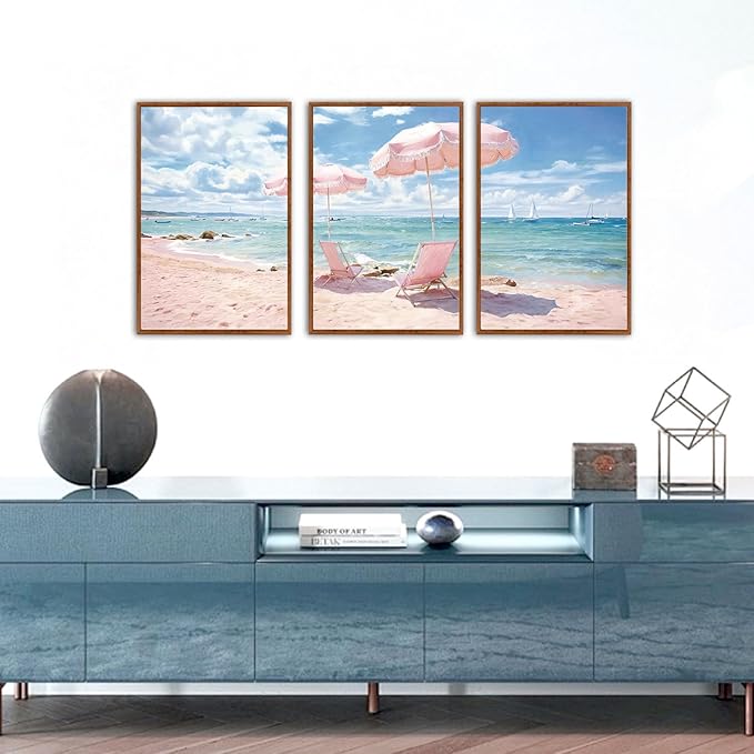 KAlRNE Summer Pink Beach Framed Canvas Wall Art Set of 3(16”X24”),Seascape Coastal Surfing Wall Decor,Modern Nature Ocean Art Prints For Living Room Bedroom Office