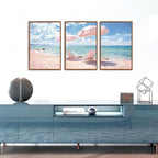 KAlRNE Summer Pink Beach Framed Canvas Wall Art Set of 3(16”X24”),Seascape Coastal Surfing Wall Decor,Modern Nature Ocean Art Prints For Living Room Bedroom Office