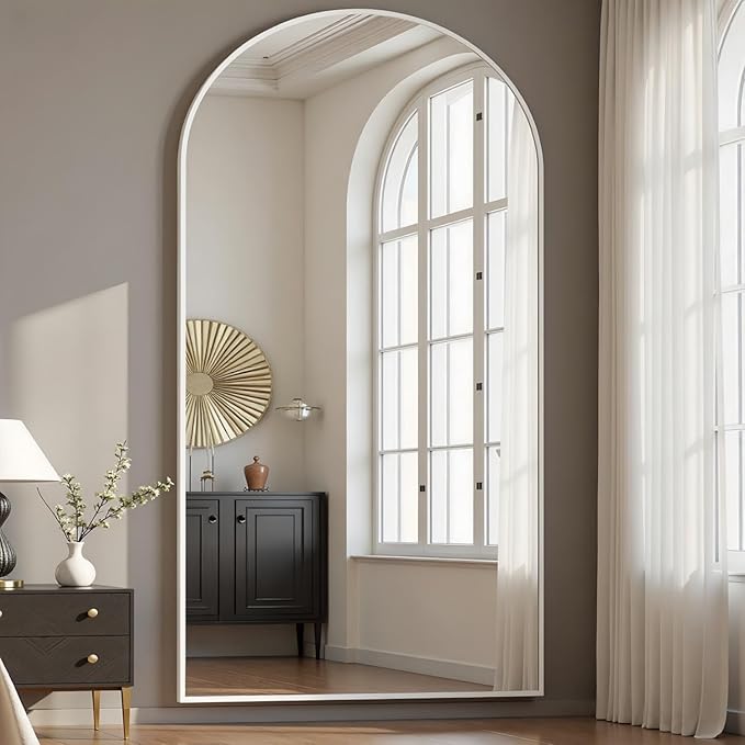 Prywot Arched Full Length Mirror, 76" x 34" Floor Mirror Wall Hanging or Leaning Arched-Top Full Body Mirror with Stand for Bedroom, Dressing Room, White