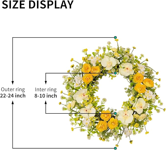 24 Inch Spring Yellow Floral Wreath for Front Door, Artificial Camellia & Orchid Wreath with Eucalyptus Greenery, Farmhouse Door Decor for Spring Summer Wedding Wall Window