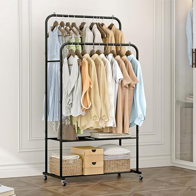 SUOERNUO Clothes Rack with Wheels Garment Rack for Hanging Heavy-Duty Clothing Rack Metal Rolling Clothes Shelves for Bedroom, Closet (Black)