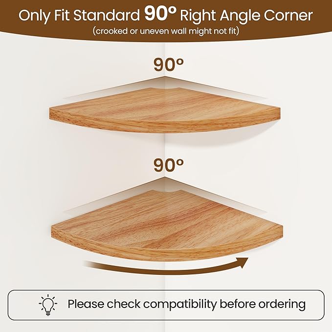 Fun Memories Corner Shelf Wall Mount Set of 2 - Solid Oak Wood Floating Corner Shelf with Cable Hole, 10in Rustic Design for Bedroom, Living Room, Kitchen (Natural)
