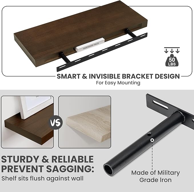 Marsmiles Solid Wood Floating Shelves for Wall, 24”W x 9”D x 1.56”H Large Wall Shelves for Living Room Bedroom Bathroom Kitchen Drcor Storage with Invisible Heavy-Duty Metal Bracket, Walnut, Set of 2