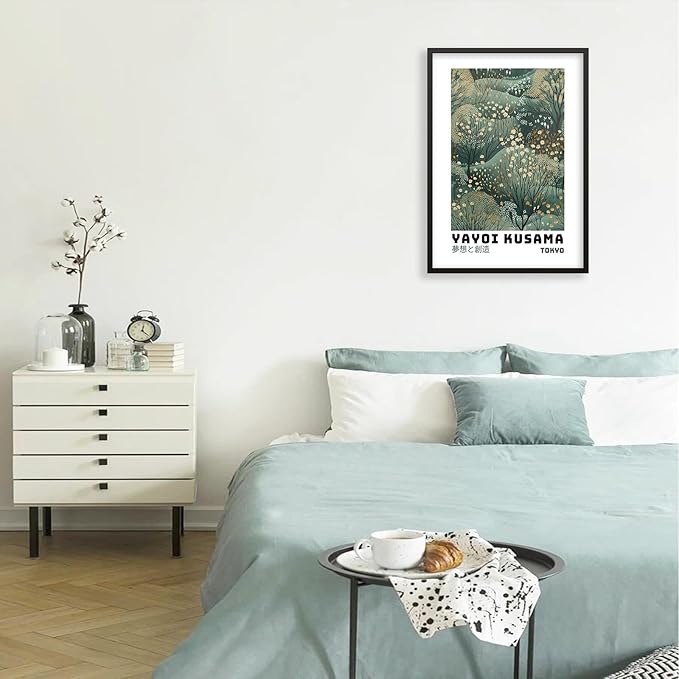 Yayoi Kusama Inspired Poster Japanese Botanical Wall Art Abstract Yayoi Kusama Print Modern Ukiyo-e Japanese Gallery Wall Decor 11x14in Black Framed for Home Bedroom Decorations