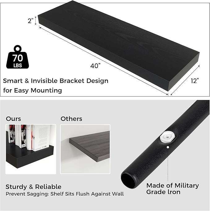 Venusmiles Floating Shelves for Wall, 40" W x 12" D x 2" H, 1 Pack of Long Wall Mounted Engineered Wood Shelves with Invisible Brackets for Living Room, Bedroom, Bathroom, Kitchen Decor, Black