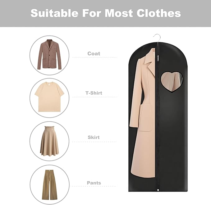 Dress Bags for Gowns Long, 45'' Garment Bags for Hanging Clothes, Suit Bag Cover for Storage and Travel, with Clear Heart Window, 2 Pack (Black)