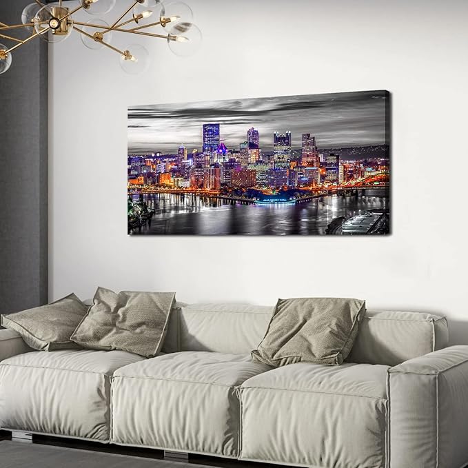 Large Pittsburgh Wall Art Black and White City Skyline Wall Decor for Living Room Office Decor Pennsylvania Night Cityscape Canvas Prints Modern Skyscraper Panoramic for Bedroom Home Decoration 24x48"