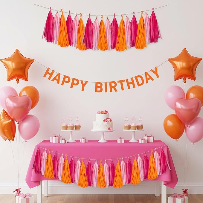 Hot Pink and Orange Paper Tissue Tassel Garland Banner for Pink and Orange Party Decorations,15 Pcs