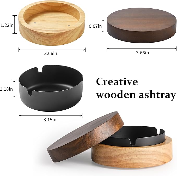 Cute Ashtrays for Cigarettes Ash Tray with Lid DDAJJAJ Wooden Ashtray with Stainless Steel Portable Decorative Ashtray Windproof Ashtray for Home,Patio,Office,Outdoors,Indoor,Parties