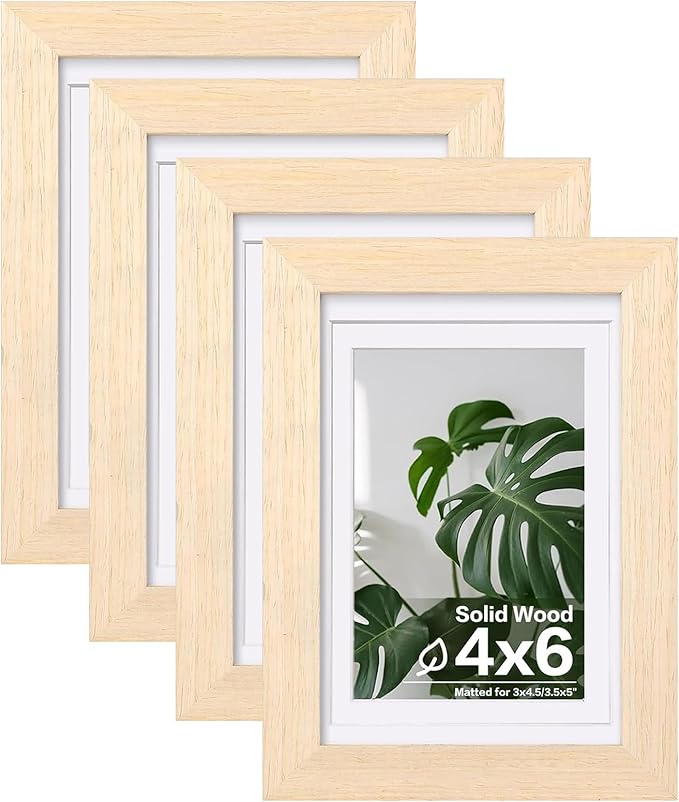 Egofine 4x6 Picture Frames Set of 4, Made of Solid Wood Covered by Plexiglass 3x4.5 and 3.5x5 with Mat or 4x6 without Mat, for Table Top Display and Wall Mounting Photo Frame, Oak Wood