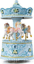 Elegant Blue Carousel Music Box,Handcrafted Rotating Horses & Floral Details Musical Figurine, for Birthdays,Christmas,Valentine's Day,Birthday,Home Décor,Plays You are My Sunshine Tune