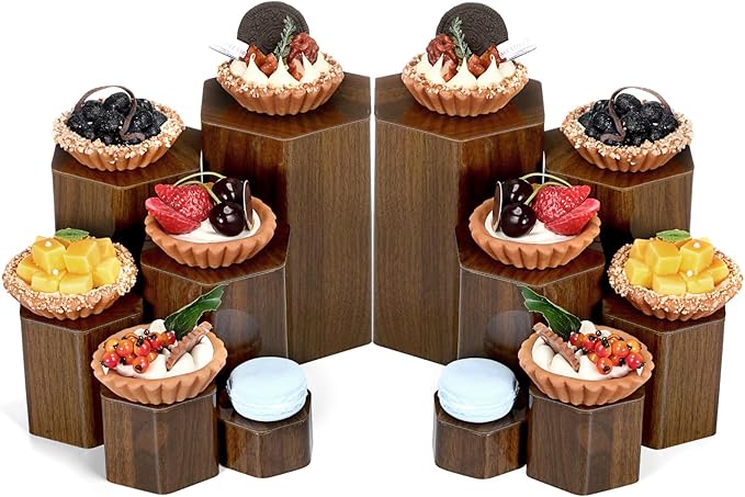 Jetec 12 Pcs Hexagonal Jewelry Display Risers Hexagonal Market Display Risers Stands Acrylic Showcase Acrylic Stand for Jewelry Model Figures Decoration, 6 Sizes (Brown)