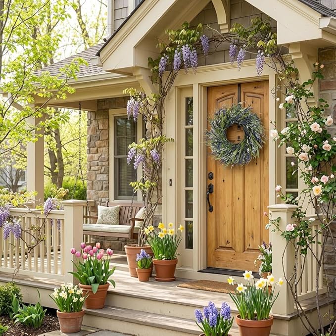 Jobflower 24 Inch Lavender Wreath for Front Door - Artificial Spring Wreath with Realistic Blue Berries - Lifelike Farmhouse Wall Decor for All Seasons