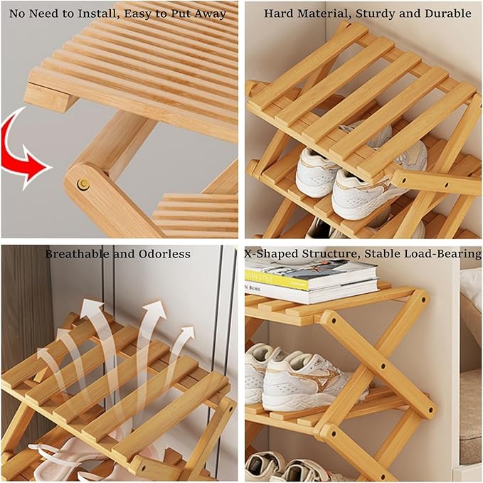 Foldable Shoe Rack, Bamboo Vertical Shoe Organizer Tall for Small Spaces. Multifunctional Narrow Shoe Shelf for Entryway, Closet, Corner, Bedroom, Hallway, Wood Color 4 Layers