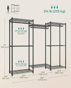 SONGMICS Heavy-Duty Clothes Rack, Garment Rack, Portable Closet, 68.7-Inch Wide Clothing Rack with Adjustable Mesh Shelves and Hanging Rails, Ink Black ULGR433B01