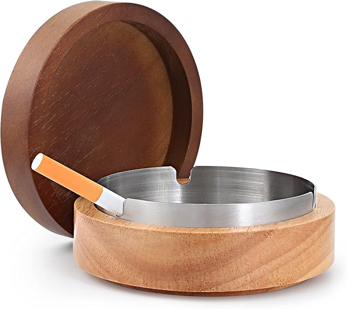 Cute Ashtrays for Cigarettes Outdoor Patio Ash Tray with Lid FriyGardcn Wooden Ashtray with a Stainless Steel Portable Decorative Ash Tray for Home,Office,Indoor,Parties
