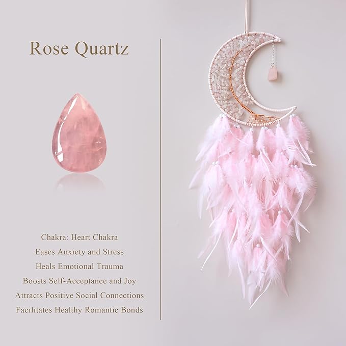 Moon Dream Catchers with Chakra Gemstone Agate Stone, Crystal Tree Life Dream Catchers Wall Hangings Room Decor (Pink)