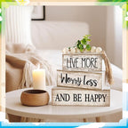 Moucuny 4 Pcs Inspirational Farmhouse Table Decor Rustic Stacked Wooden Block Sign - Live More Worry Less Be Happy Centerpieces Set with Beaded Tassel and Artificial Plant for Home, Office, Shelf Gift