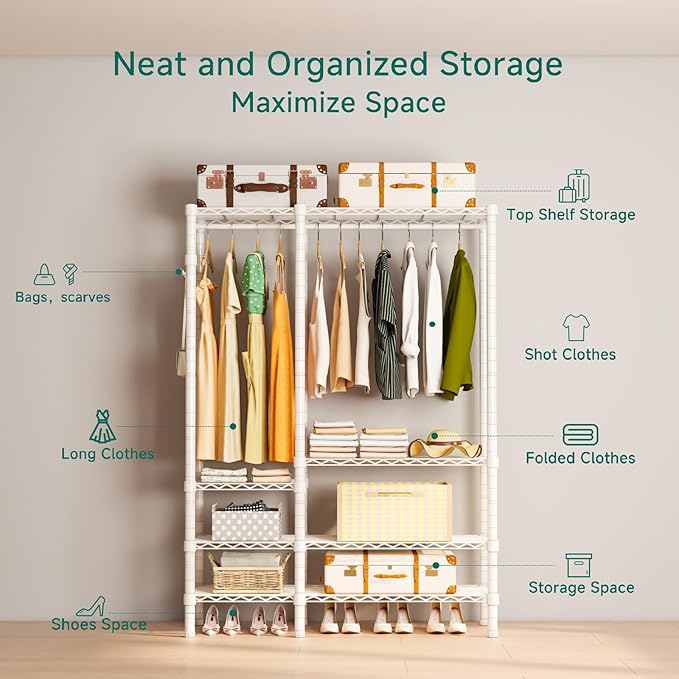 Heavy Duty Garment Rack, Metal Freestanding Closet Wardrobe Clothes Racks for Hanging Clothes, 4 Tiers Adjustable Wire Shelving, 44.9'' L x 16.5'' W x 76.8 '' H, Max Load 850LBS, White