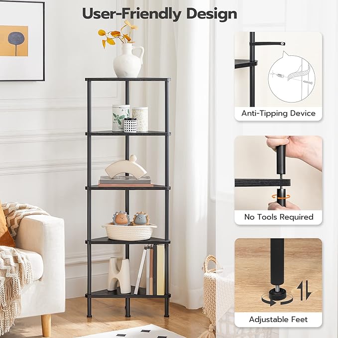 HOOBRO Corner Shelf Stand, Industrial 5-Tier Wall Corner Bookshelf with Metal Frame, Plant Display Shelf, Bookcase for Small Spaces, Bedroom, Living Room, Black BK33CJ01