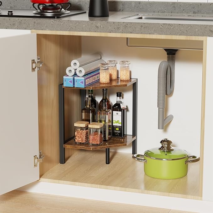 Creso hom Corner Shelf Stand, 2 Tier Industrial Corner Bookshelf, Multipurpose Standing Corner Display Shelf Countertop Organizer for Living Room Kitchen Bedroom Office, Rustic Brown