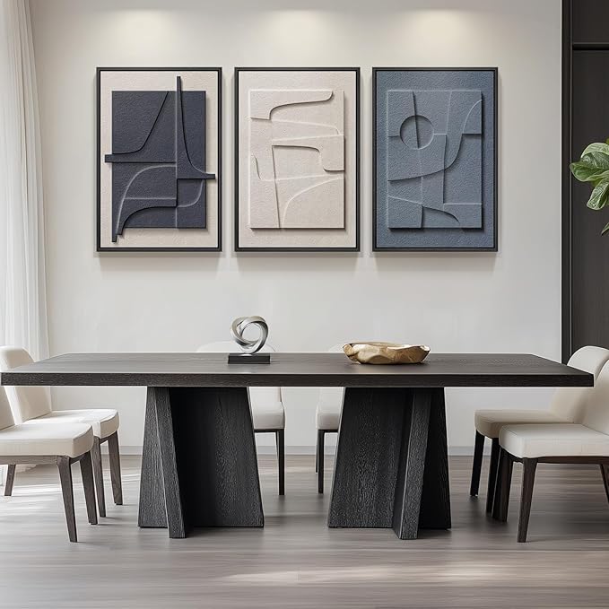 Large 3D Textured Framed Blue and White Abstract Wall Art, 3 Piece Modern Artwork for Walls, Minimalist Navy Blue Geometric Paintings for Living Room, Bedroom, Dining Room, Office Wall Decor 20x30 In
