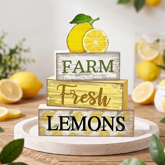 Moucuny 4 Pcs Summer Lemon Decor Summer Table Decorations Farm Fresh Lemons Wooden Stacked Block Decor Rustic Summertime Tiered Tray Decoration Fruits Centerpiece for Home Kitchen Dining Room Mantel