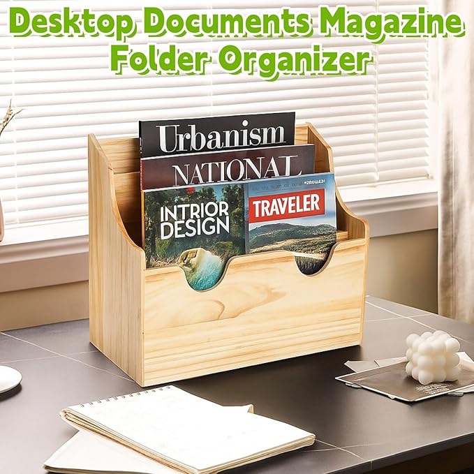 Wood Magazine Holder, 4 Tiers Wall Mounted Desktop Magazine File Divided Organizer, Mail Paper Sorter Newspaper Storage Bin Basket for Office, Home