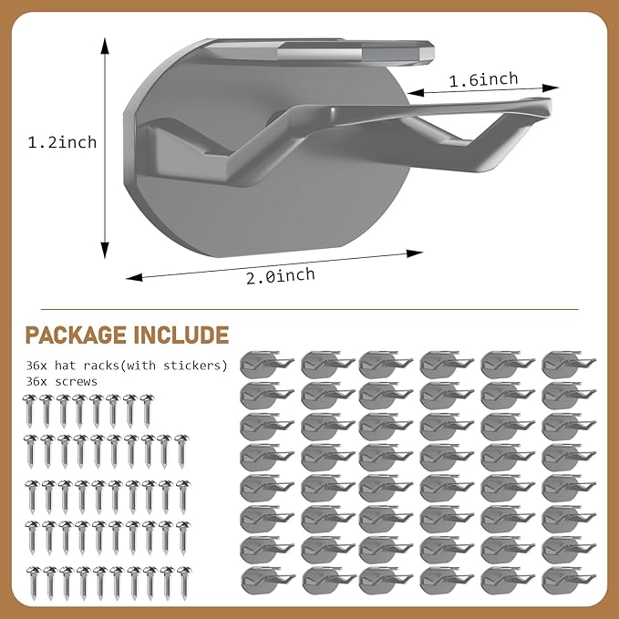 48 Pack Adhesive Hat Hooks for Wall, Super Strong Hat Rack for Baseball Caps, Minimalist Hat Organizer Display for Home Decor, Hat Hangers Holder for Wall, Door, Closet, No Drilling (Gray)